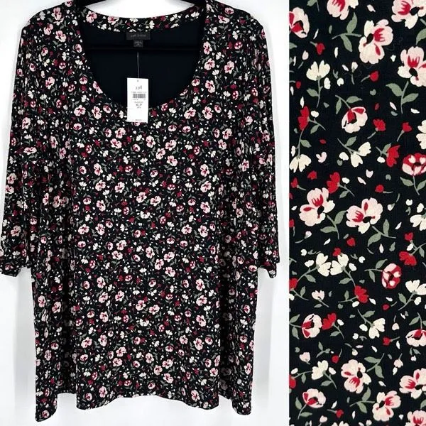 NWT J. Jill Women's Wherever Floral Crew Neck 3/4 Sleeve Blouse Black‎ XL Petite Black - Image 2