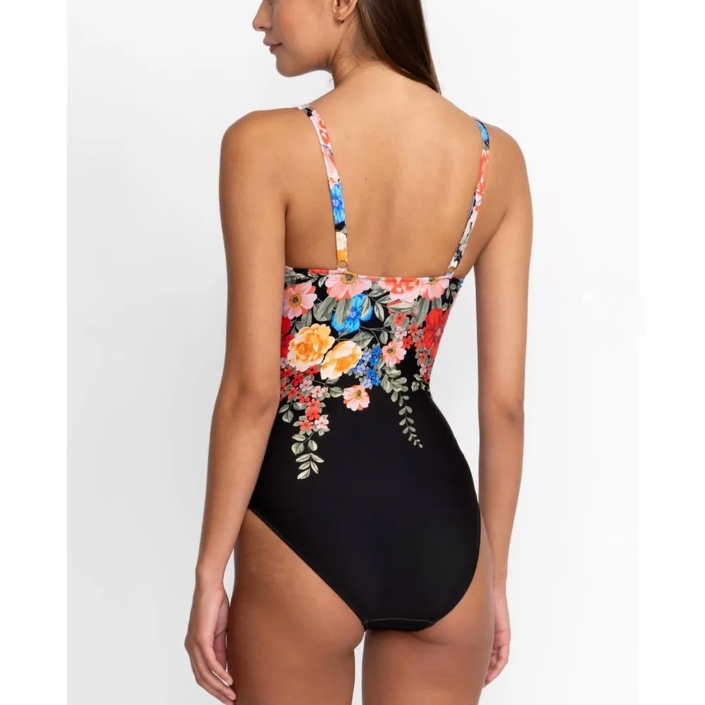 Johnny Was ruched Floral Black one-piece Swimsuit NWOT - Image 3