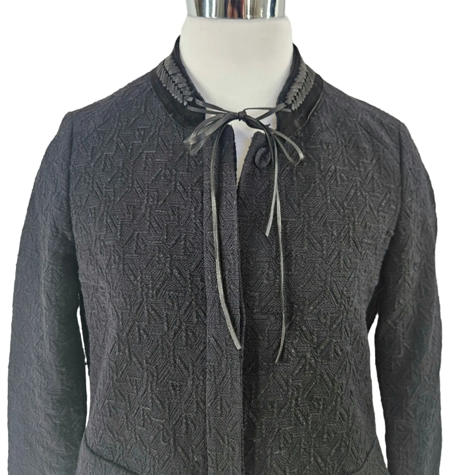 Maje Gretelle Leather Trim Longline Jacquard Textured Knit Car Coat‎ Sz 36 - Image 11