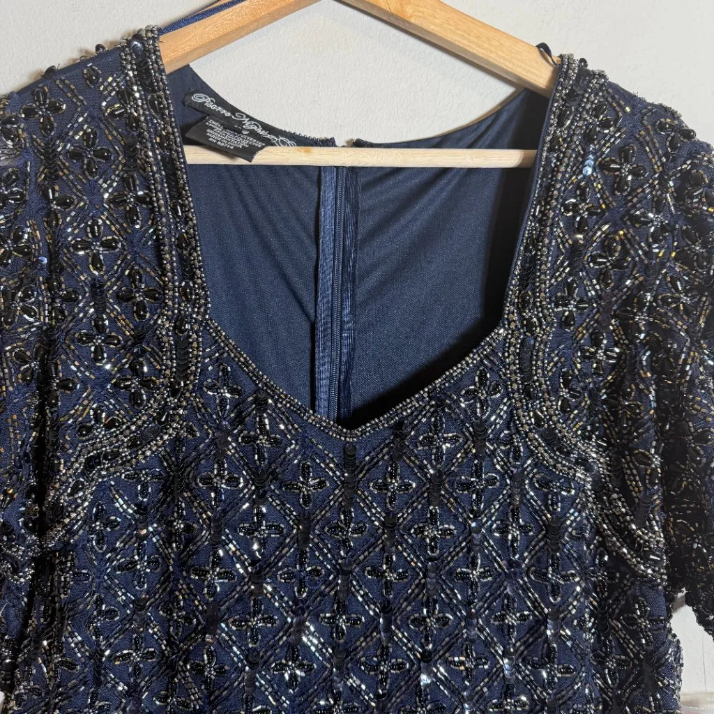 Pisarro Nights Beaded Bodice Chiffon Maxi Gown Womens 12 Blue Formal Wedding NWT - Image 7