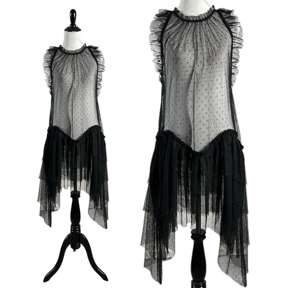 Free People Mia Maxi Top Mesh Sheer Ruffle Slip Dress Black Small Punk Goth NEW - Image 4