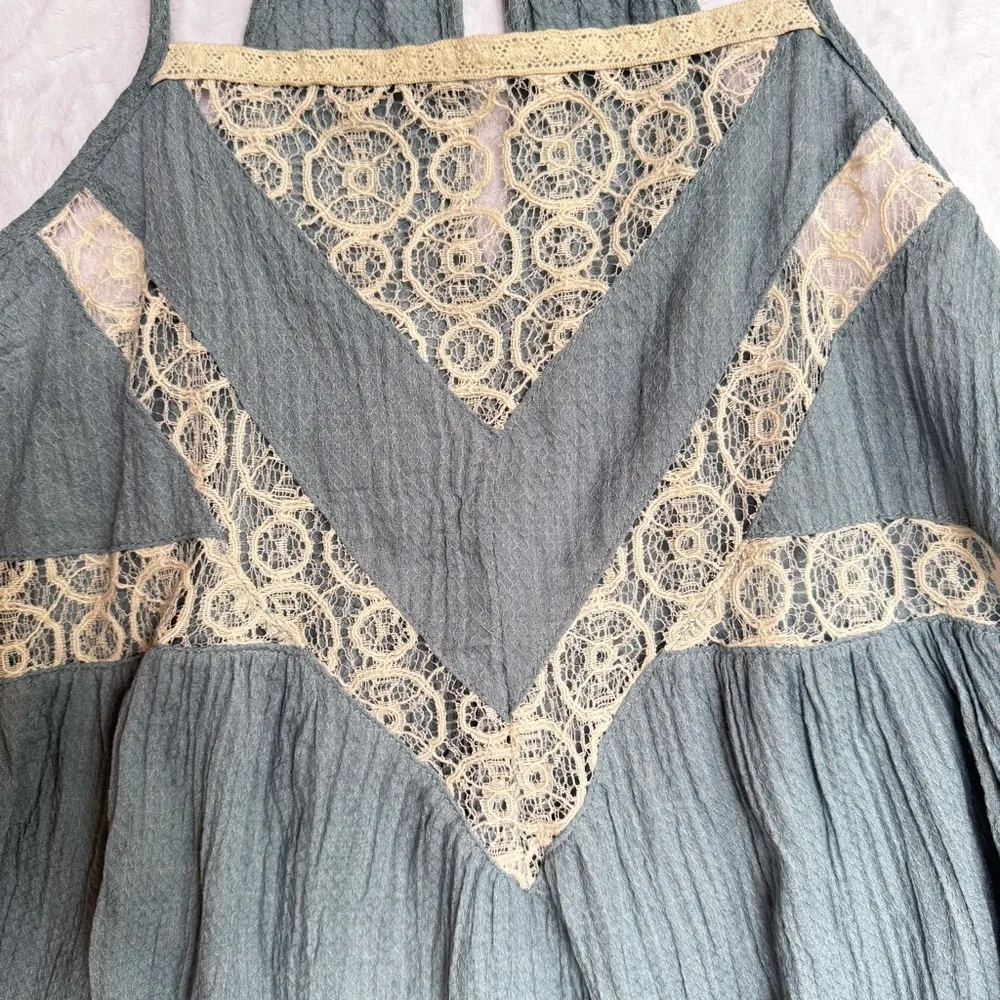 Blue Cream Babydoll Halter Top Lace Inlay Ruffle Hem Gauzy Crepe Fairy Boho Soft - Image 5