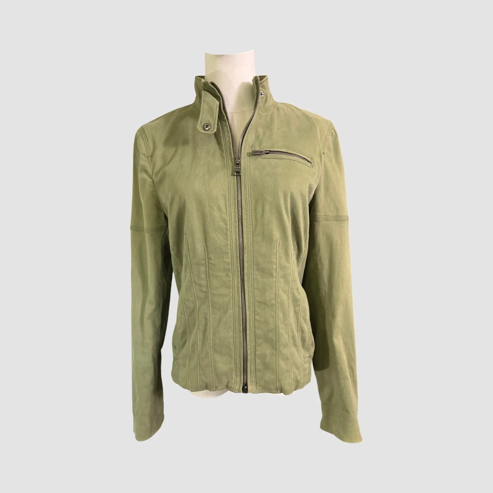 Banana Republic Olive Green Moto Jacket Women’s Size 8 Stretch Cotton Zip Front - Image 2