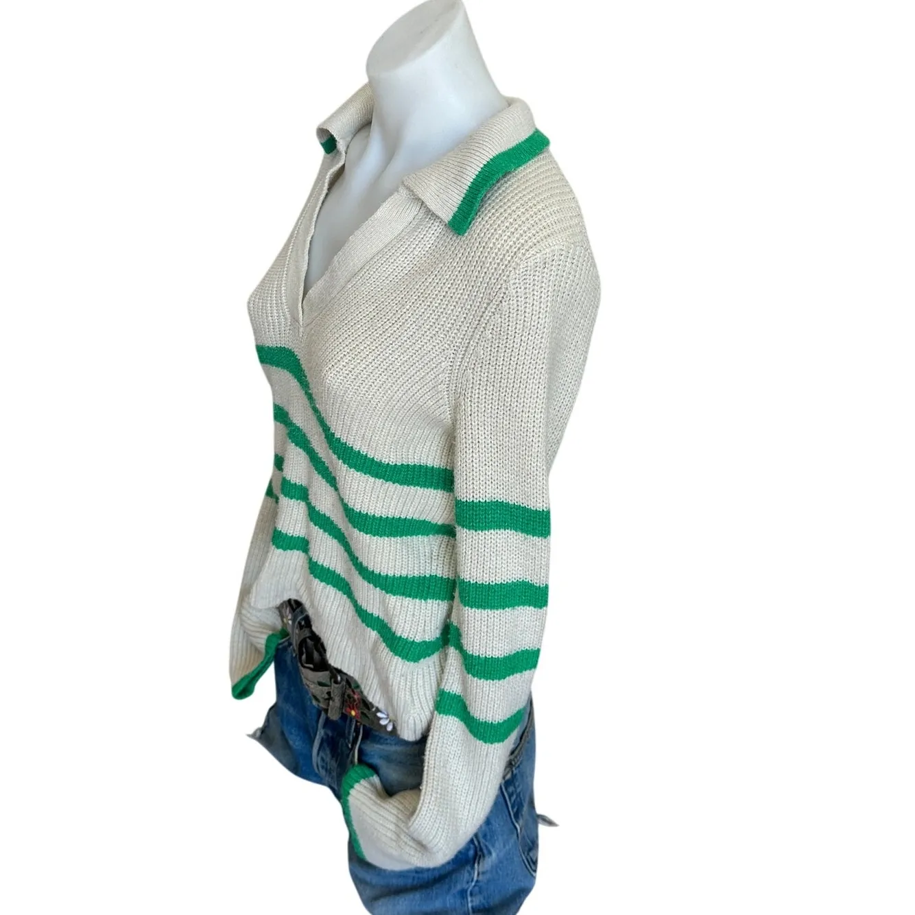 Central Park West Green Stripe Polo Sweater LARGE Rugby Preppy Designer $166 - Image 6