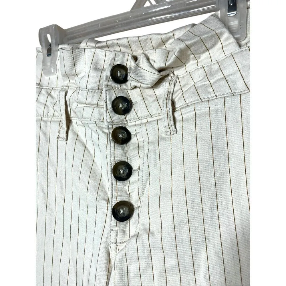 Free People‎ Montella Cream And Brown Pinstripe High Rise Paper Bag Jeans 4 - Image 4
