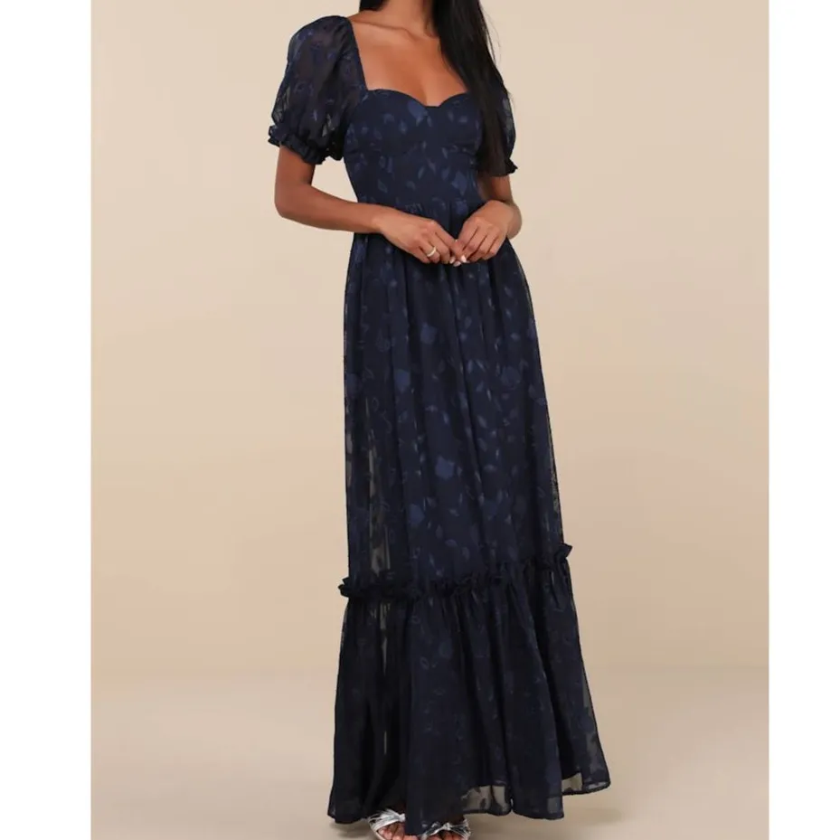 Lulus NWOT Phenomenal Sweetness Navy Floral Burnout Bustier Maxi Dress Small - Image 8