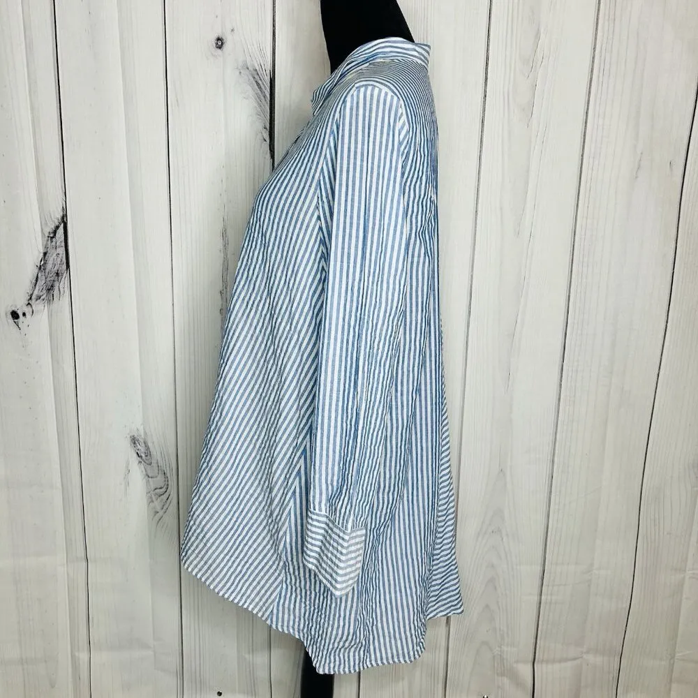 Habitat Clothes To Live In Button Up Blouse Crinkle Blue White Striped Size XS - Image 4