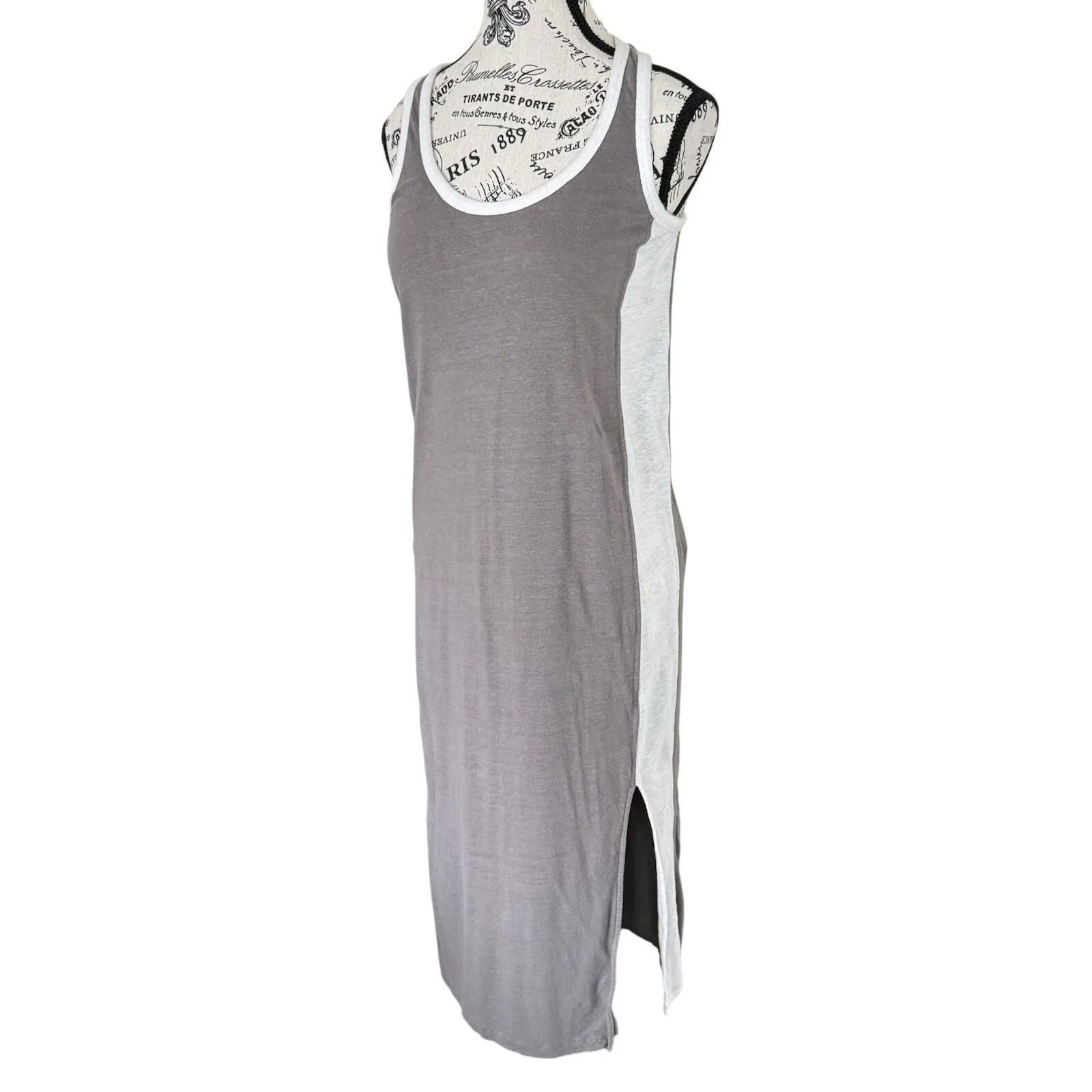 Gray Cream Bodycon Maxi Dress Women's XS Cotton Sleeveless Stretch Casual Chic - Image 2