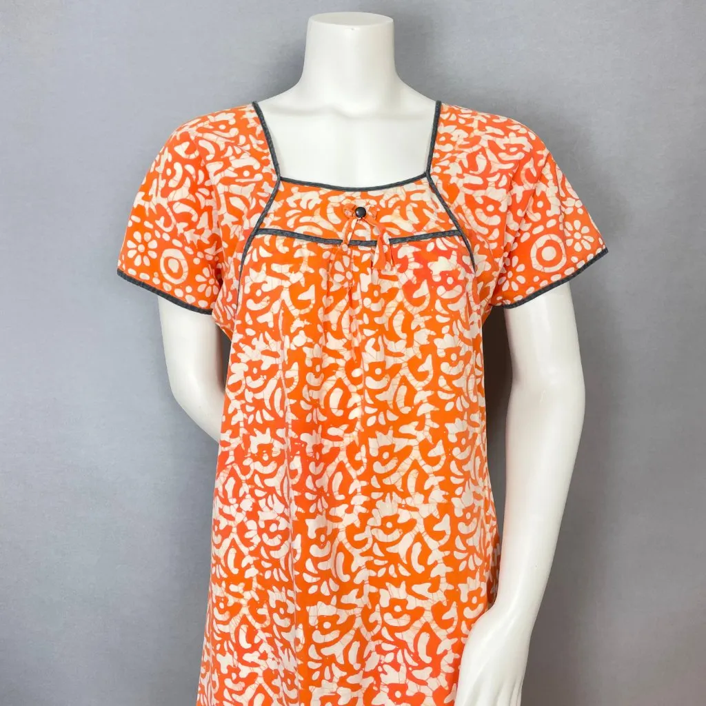 Muumuu Dress Orange White Pattern Batik Fabric‎ Short Sleeves Maxi Bow Casual - Image 4