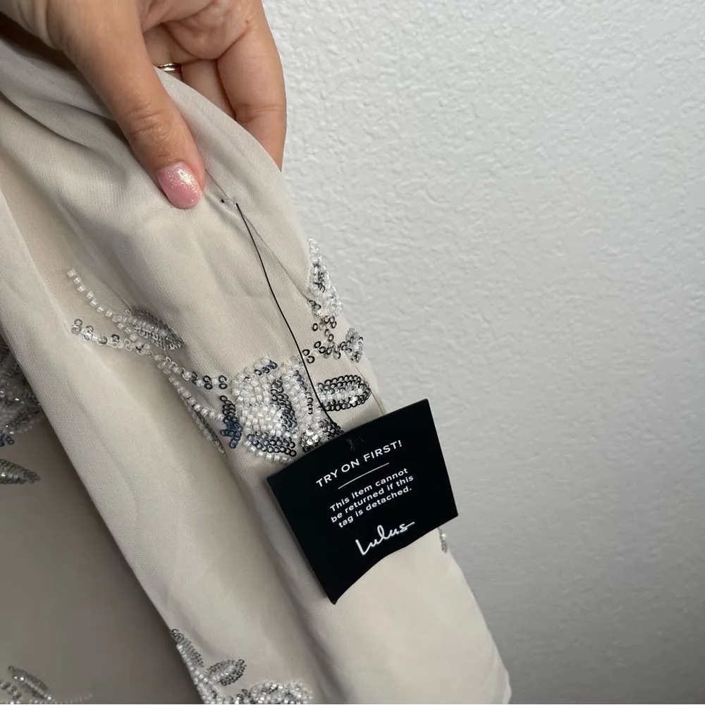 Lulus  Elevated Approach Neutral Beaded Sequin Floral Shift Mini Dress Medium - Image 4