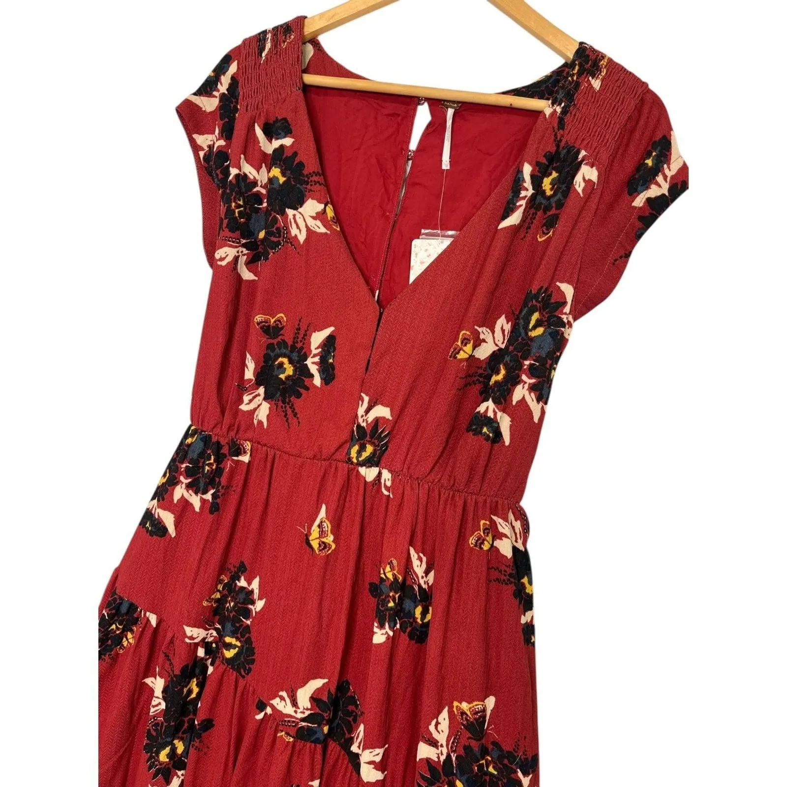 Free People Dress Womens 10 Red Floral Tiered V Neck Belted Maxi Boho - Image 7