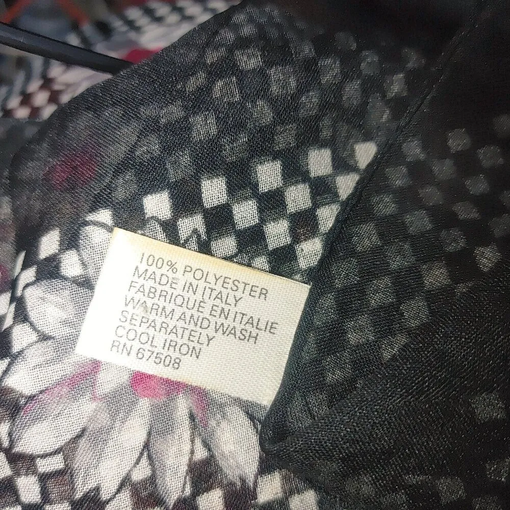 Elaine Gold Black White Checkered Floral Print Scarf 100% Polyester Made Italy - Image 7