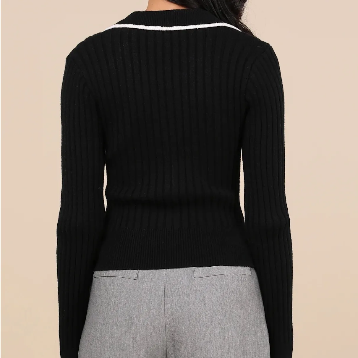 Lulus Black Ribbed Collared Button Up Cardigan Sweater Cream Trim Size M - Image 9