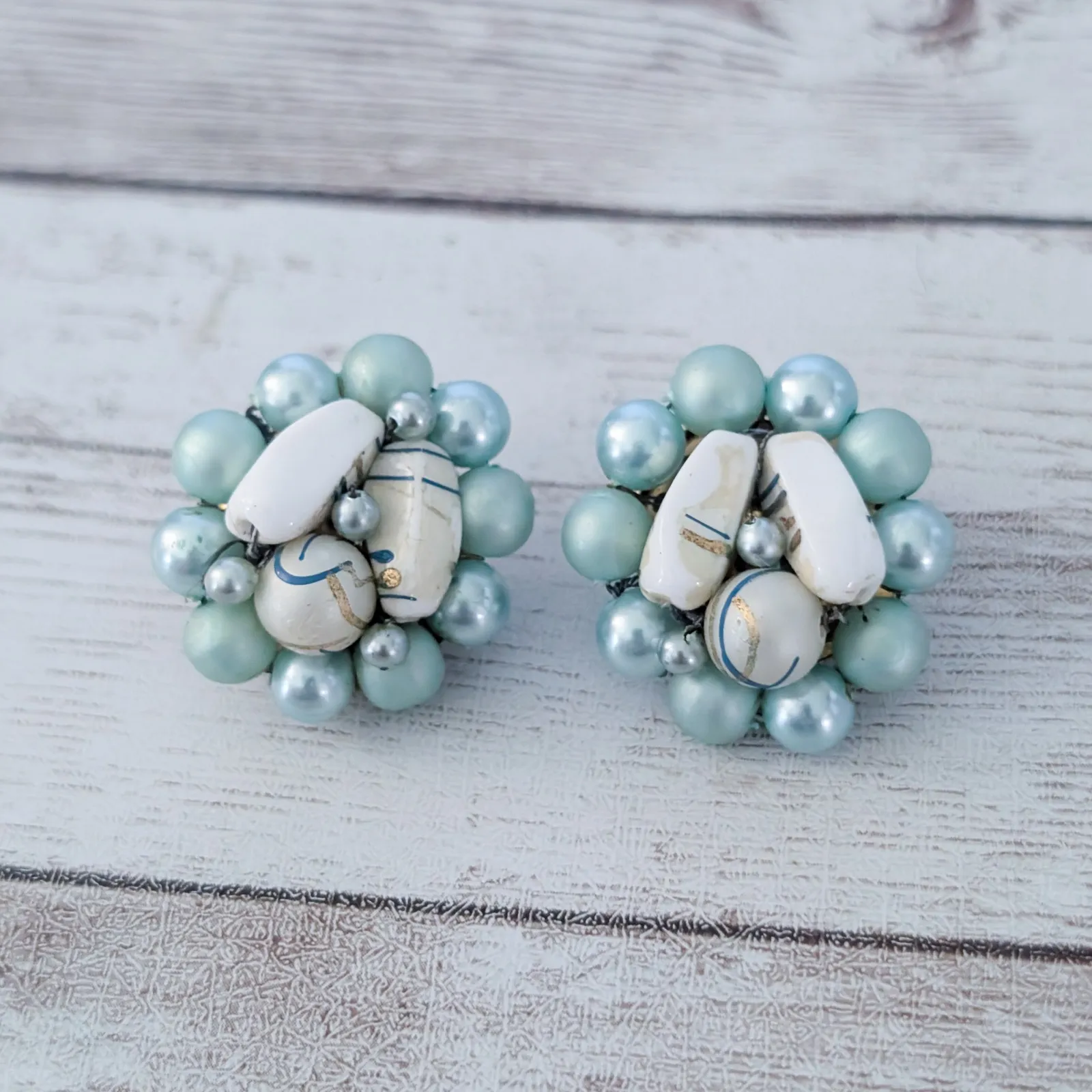 Vintage Clip On Earrings Large Aqua Cluster - Image 2