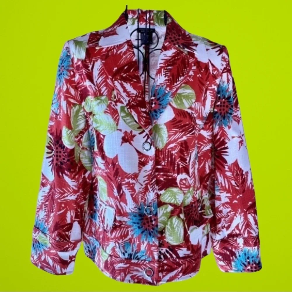 Vintage RQT Petite Cropped Floral Tropical Blazer Jacket Size 8P White - Image 2