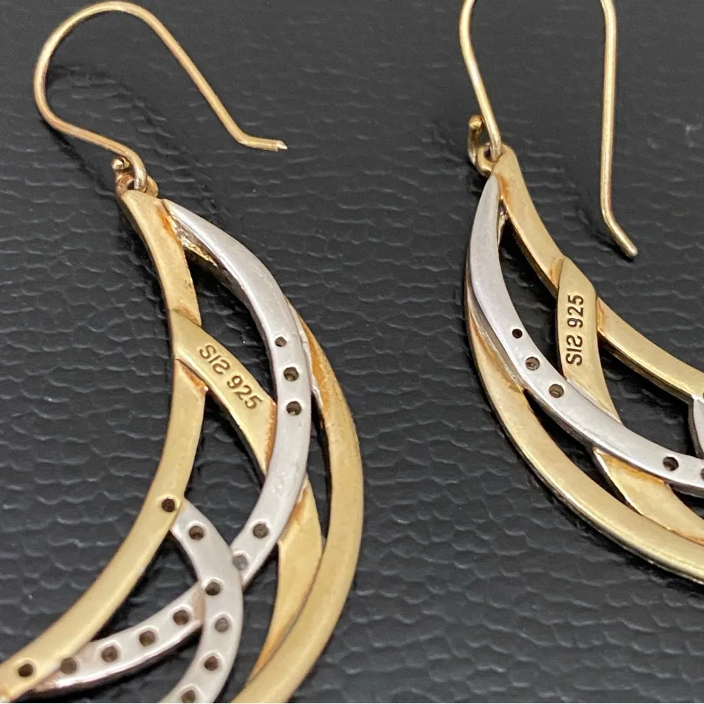 Vintage SIS 925 Signed Gold Over Sterling Diamond Accent Crescent Moon Earrings - Image 9