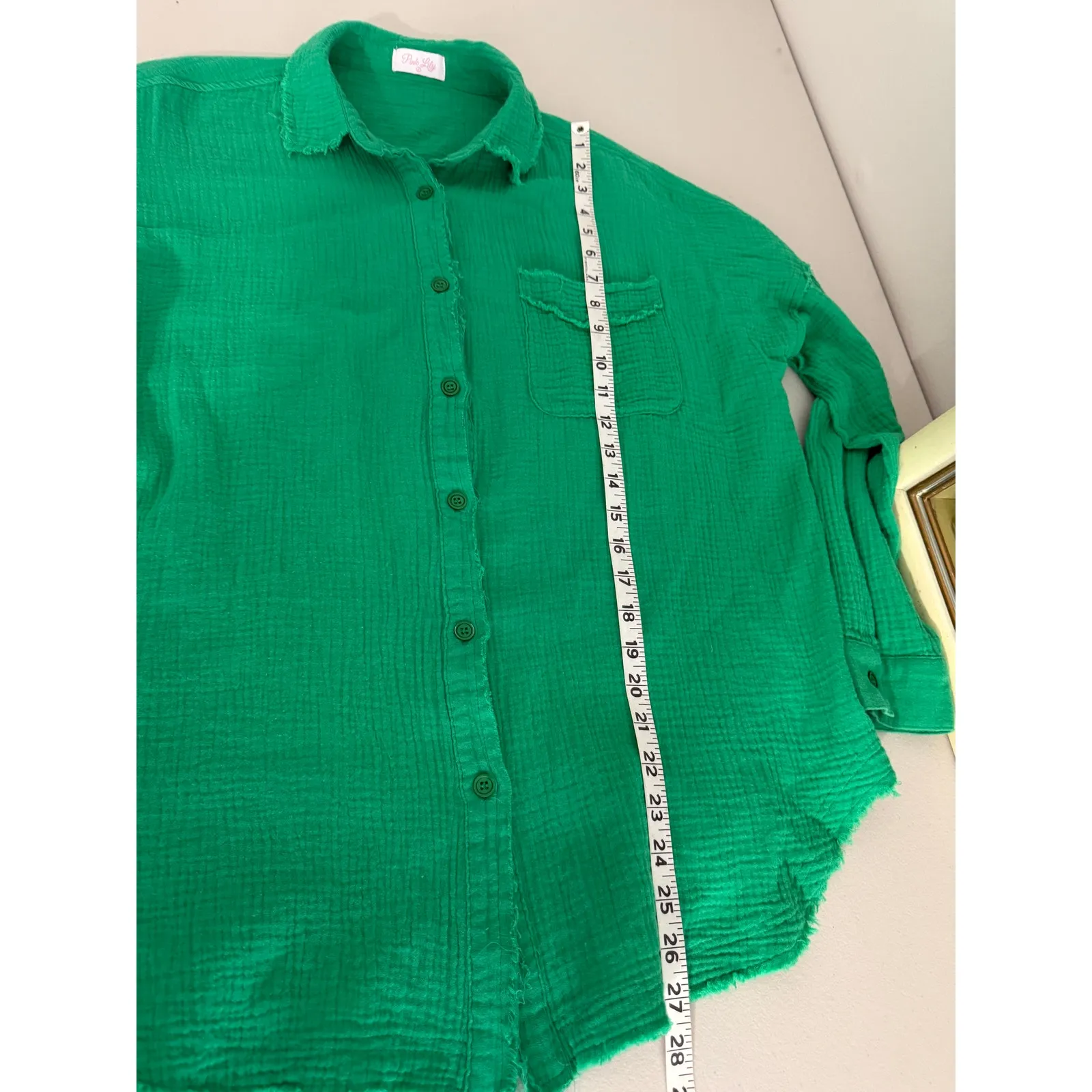 Pink Lily Womens Kelly Green 100% Cotton Oversized Button Up Shirt Top S Holiday - Image 6