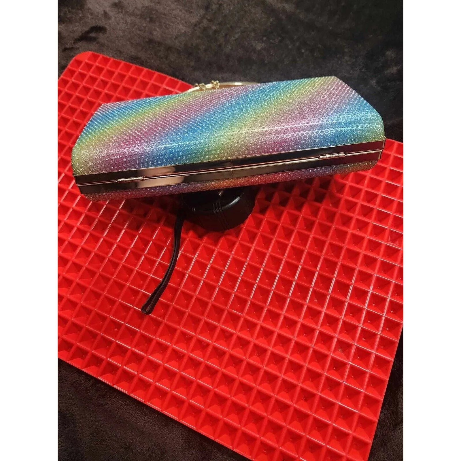 Rainbow Colored Rhinestone Clutch Purse Gold Tone Hardware - Image 5