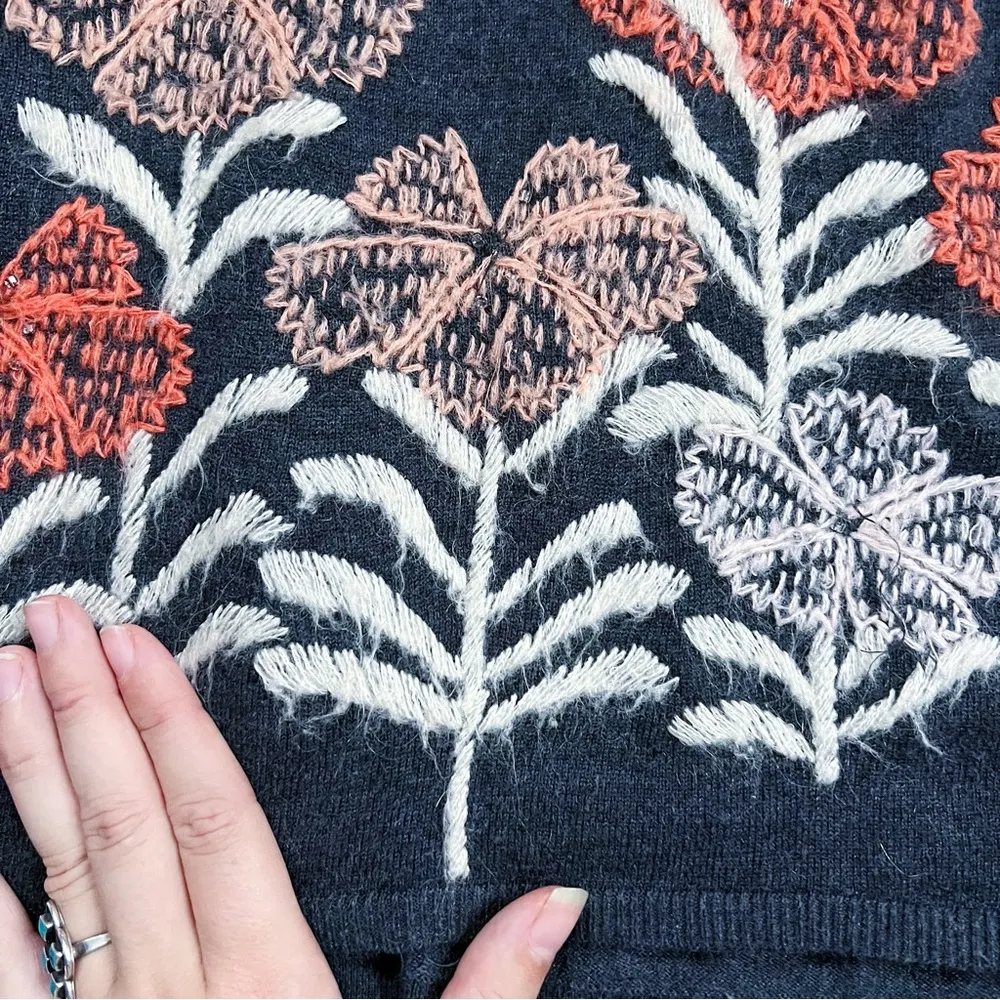 Knitted & Knotted • Anthro Kilda Sweater grey orange floral embroidered pullover - Image 6
