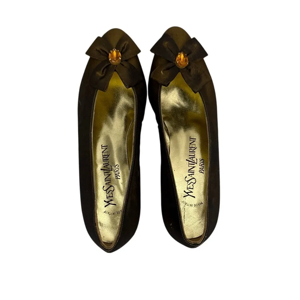 YSL Vintage Shoes Yves Saint Laurent Kitten Heel Pumps Brown Bronze Satin 6.5 - Image 4