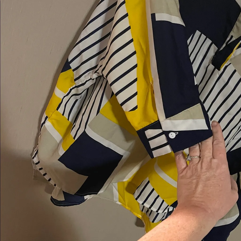 P Cill yellow navy white abstract button v neck Henley blouse small oversized - Image 6