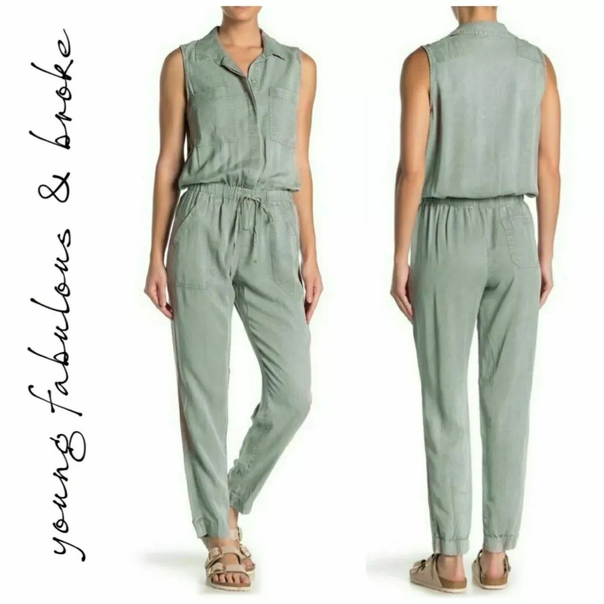 Young Fabulous & Broke Every Washed Jumpsuit Olive Green Button Down Front - Image 2