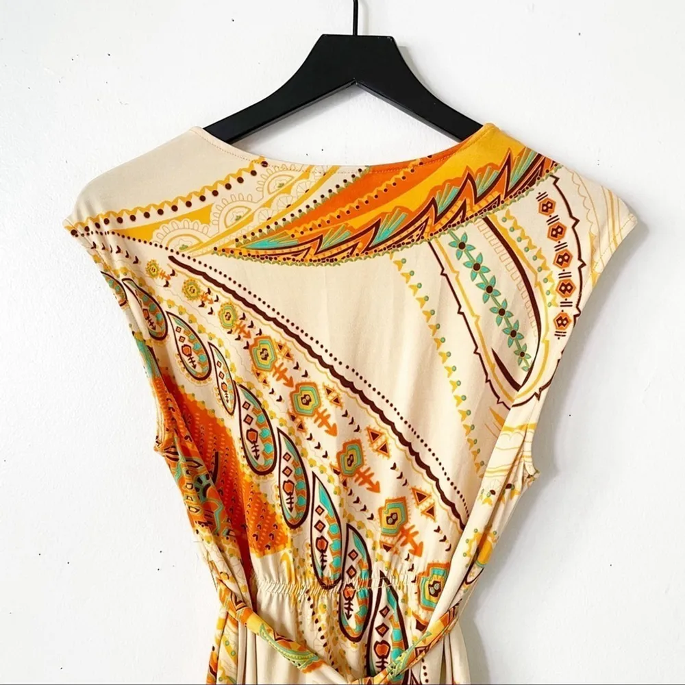 ECI New York Boho Paisley Beaded Waist Dress Sz M Orange Tan Multicolor - Image 6