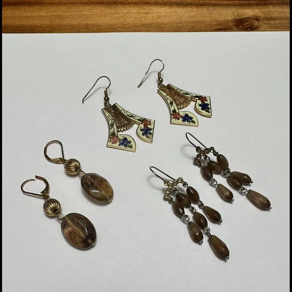 Lot Of 3 Dangle Drop Pierced Earrings 2 Beaded & 1 Cloisonné Enamel Style - Image 9
