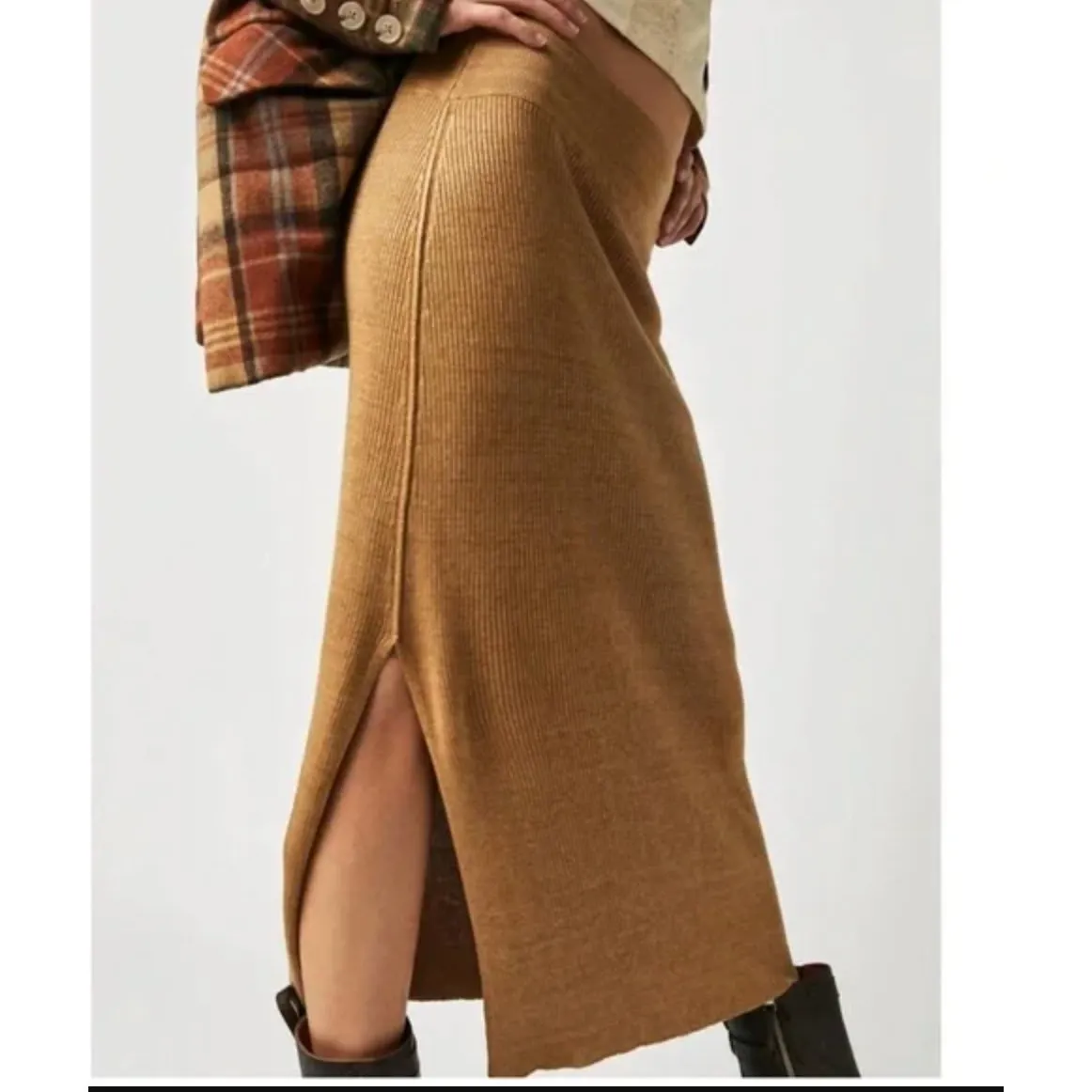 Free People Golden Hour Midi Skirt Ribbed Knit Tan Midi with Side Slit Size M - Image 8