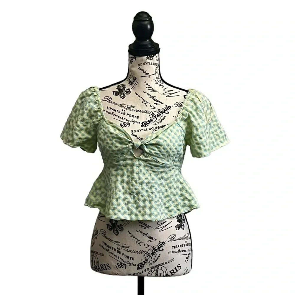 NWT Kirious Los Angeles Gingham Peplum Top S Cropped Boho Fairy Preppy Pinup Green - Image 2
