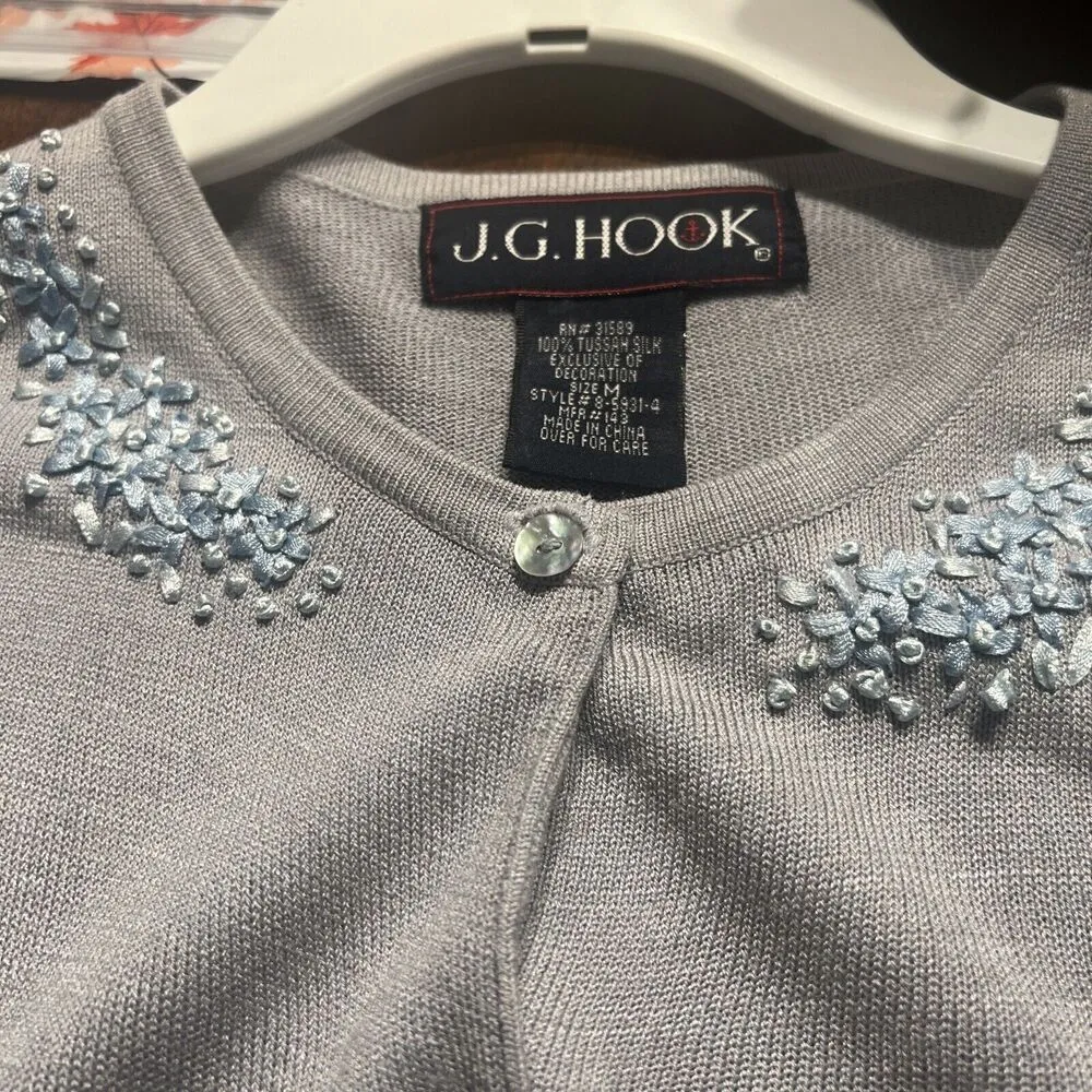 Vintage J.G. Hook Tussah Silk Embroidered Cardigan Medium Blue Teacher Preppy - Image 14
