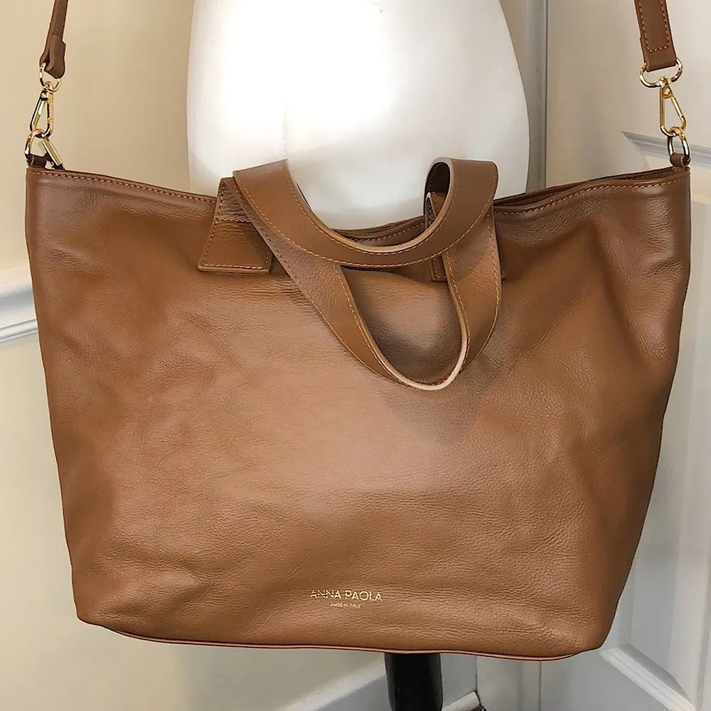 ANNA PAOLA Brown Leather Woven Tote Bag w Crossbody Strap Gold Hardware Feet - Image 3