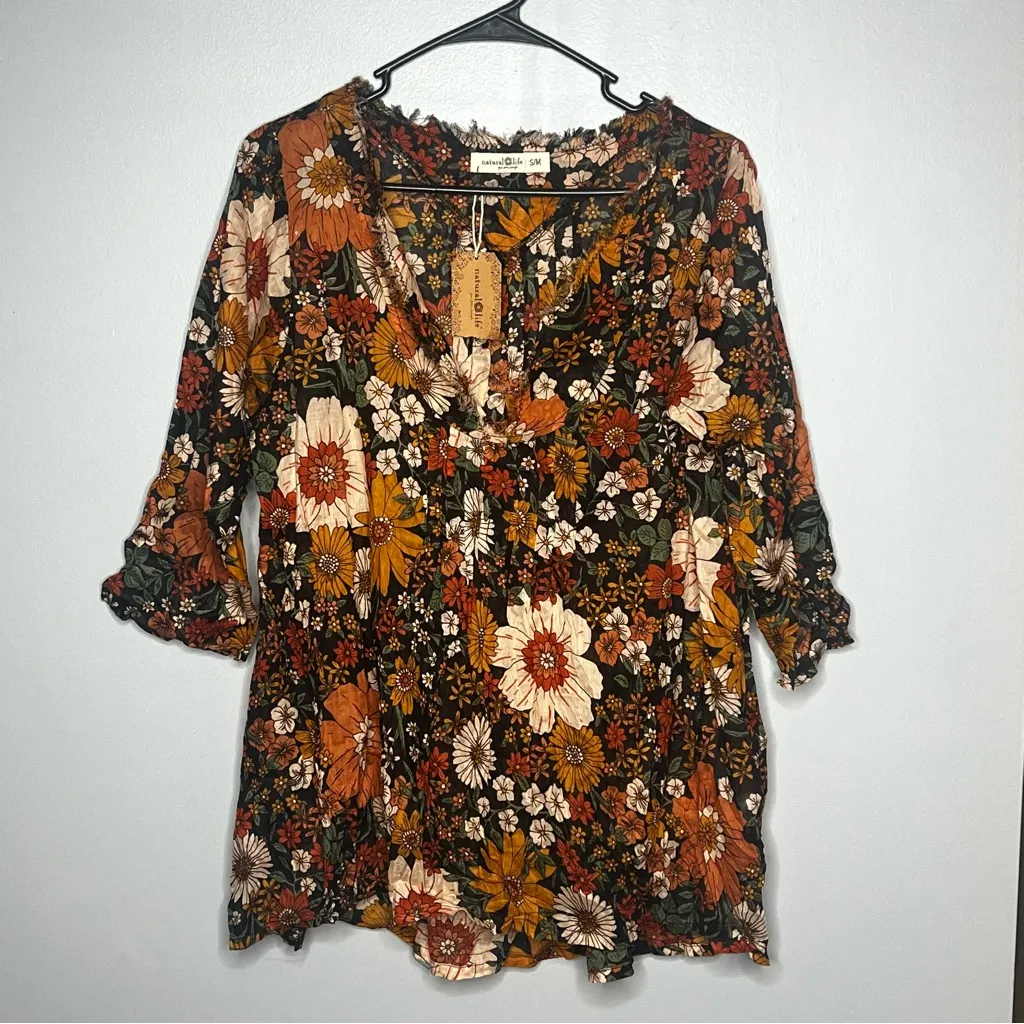 Natural Life NEW Loge Floral Boho Cotton Top w/ Matching Drawstring Bag S/M - Image 4
