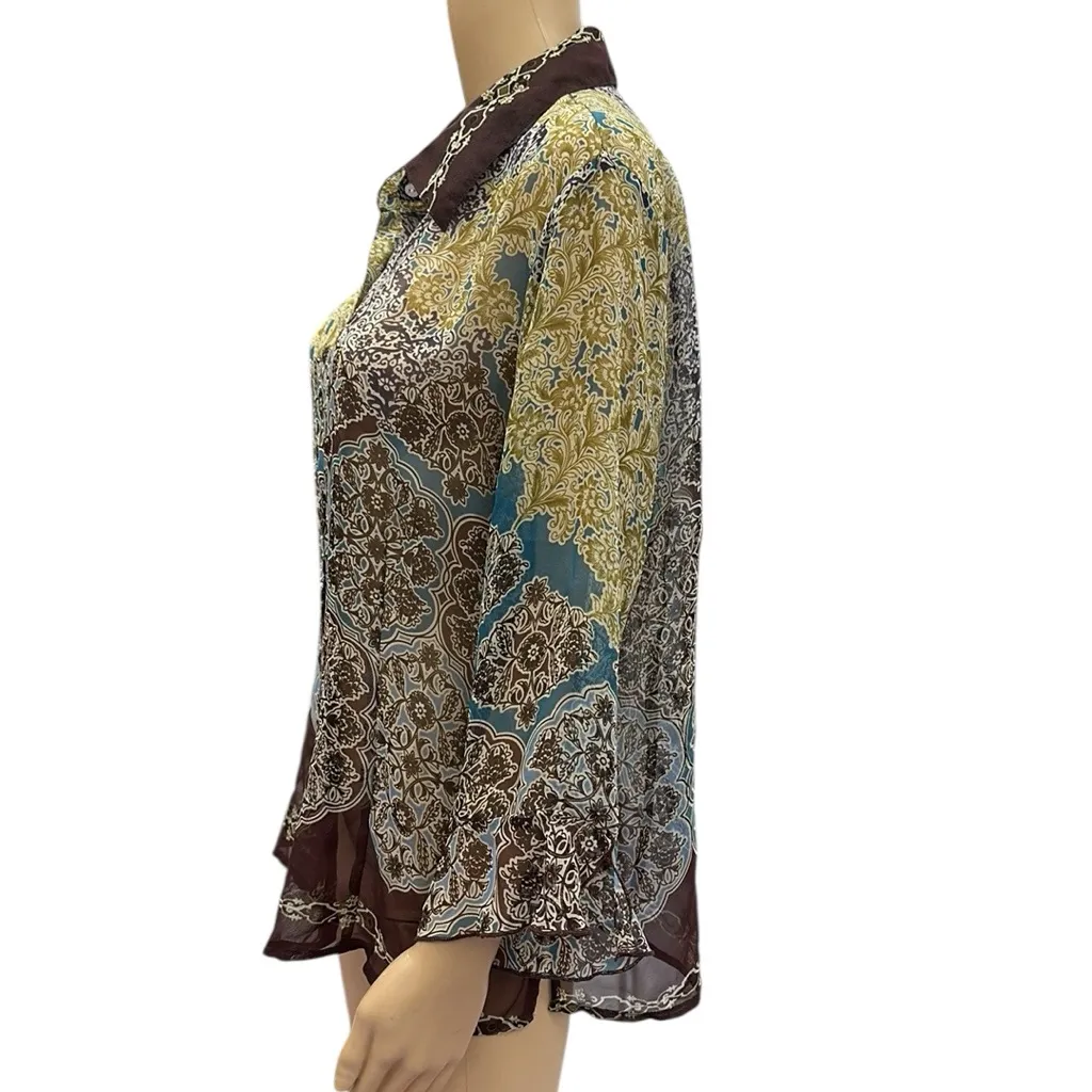 Nicola Vintage Semi Sheer Button Up 3 Quarter Sleeve Collared Print Blouse XL Brown - Image 5