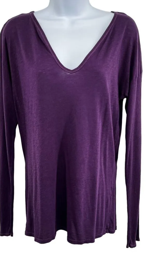 Michael Stars Modal Supima Cotton V Neck Ribbed Long Sleeve Shirt Top Purple - Image 1