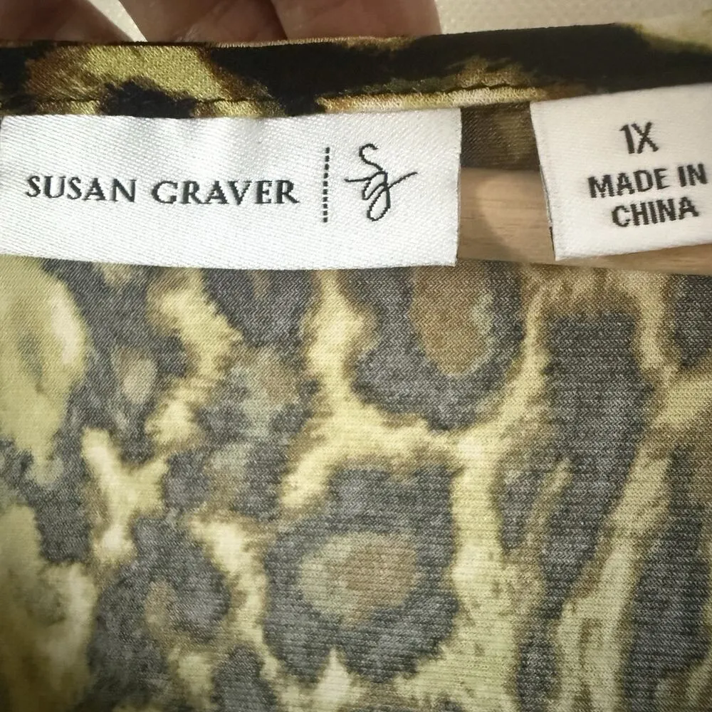 Susan Graver Leopard Print Cowl Neck Green Brown Sleeveless Top Blouse Women 1X - Image 3