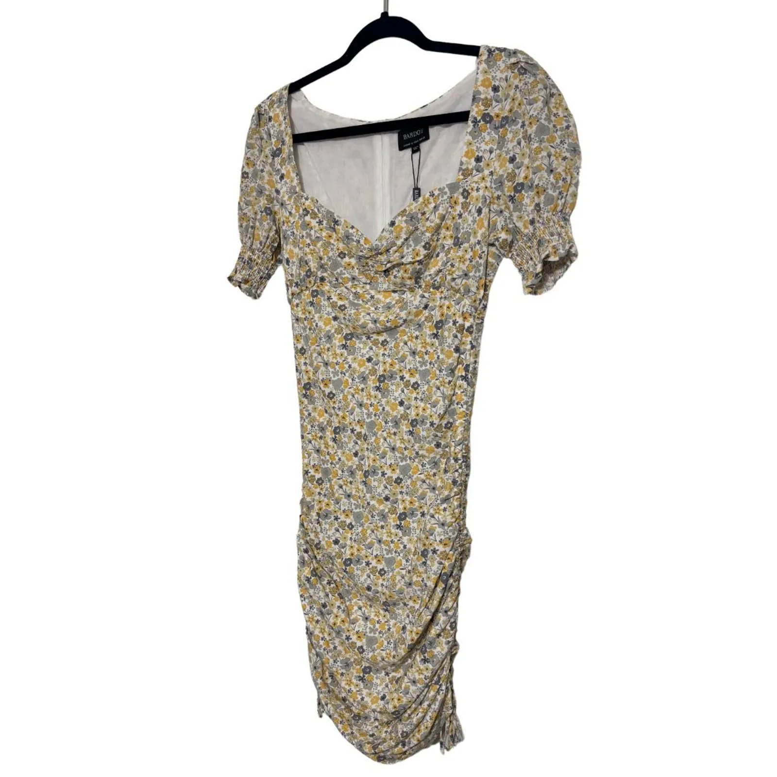BARDOT Cindy Sweetheart Ruched Mini Dress Soft Yellow Floral NWT 6 Small - Image 4