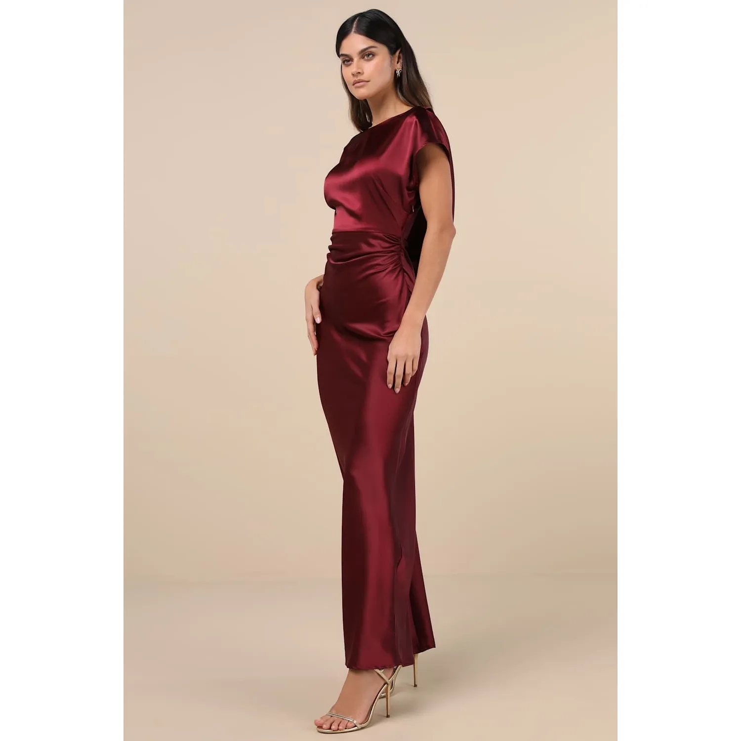 NWT Lulus Captivating Presence Wine Red Satin Cowl Back Maxi Dress Bridesmaid M - Image 4