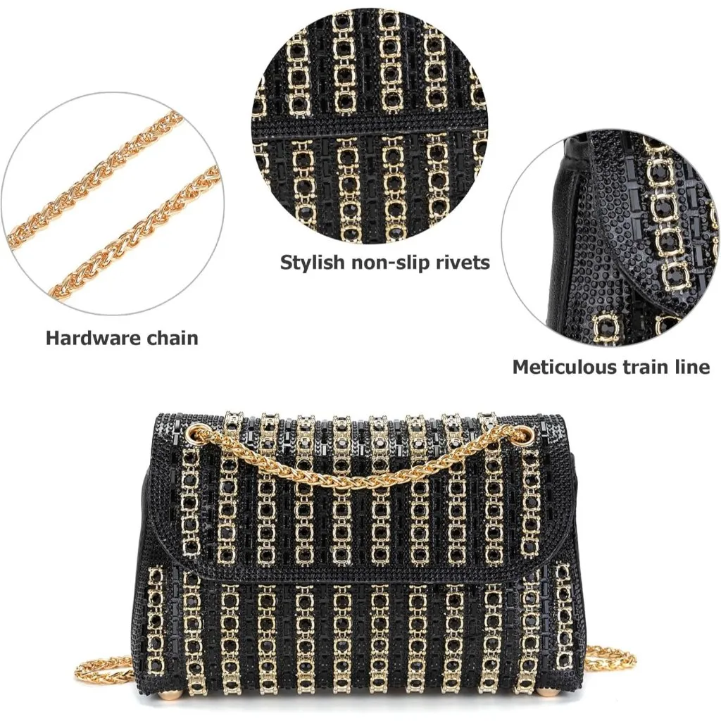 ⚡Women's Sparkly Rhinestones Chain Shoulder Cocktail Black Clutch Party Prom Bag - Image 5