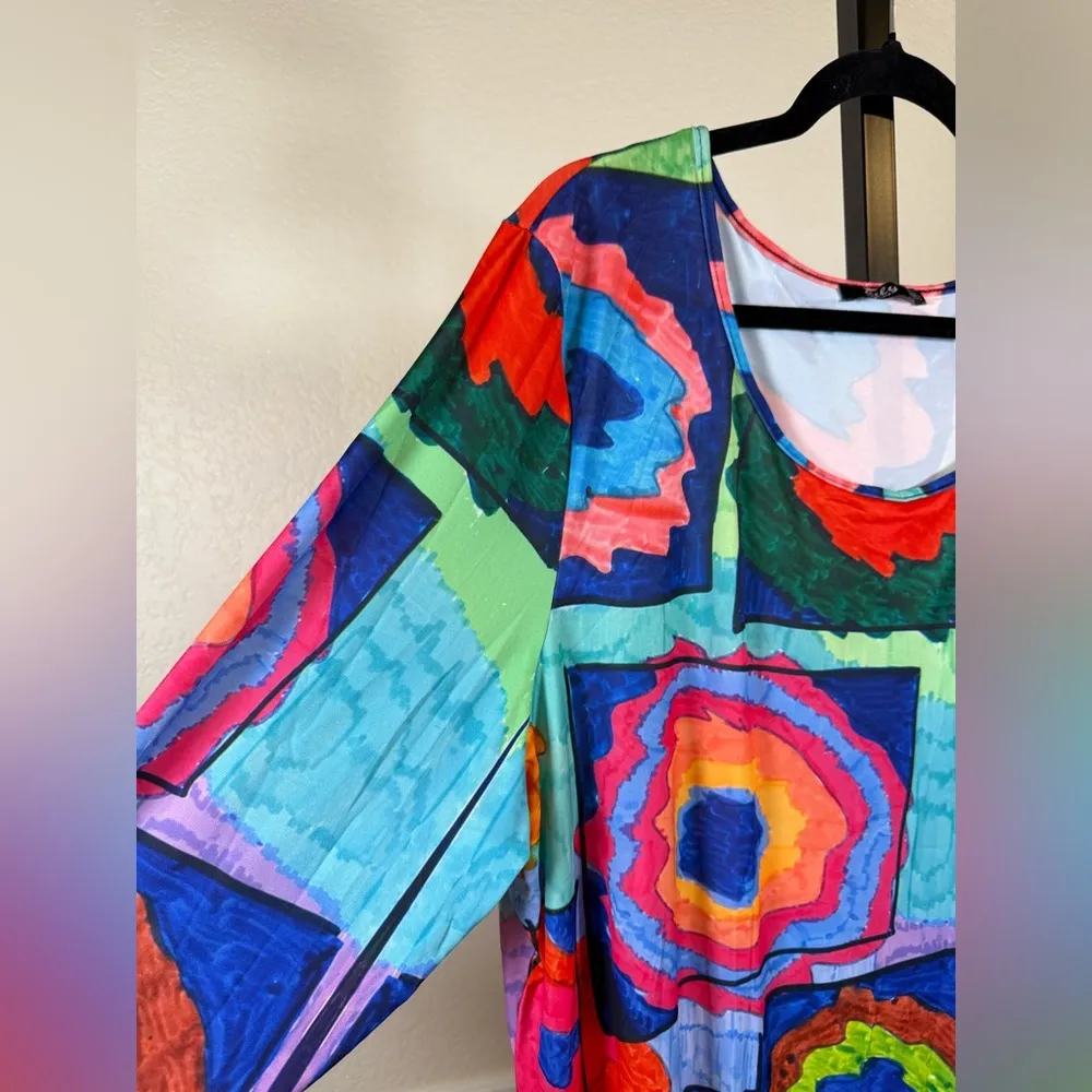 Plus Size Festival 4X Colorful Retro Mod Print Art Teacher Style Stretchy Flowy Pink - Image 5