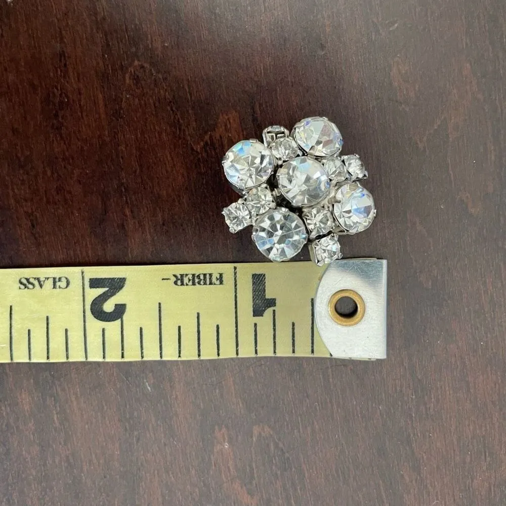 Vintage Rhinestone Cluster Button Clip On Earrings Silver - Image 6