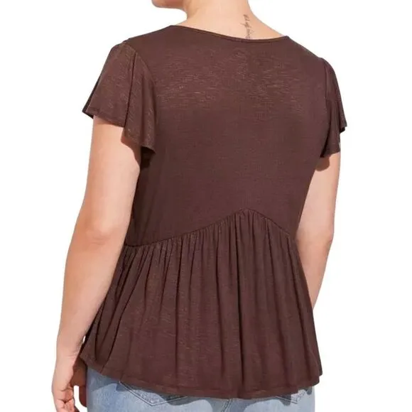 Torrid Plus 5X Brown V-Neck Lace Inset‎ Babydoll Top Casual Blouse - Image 2