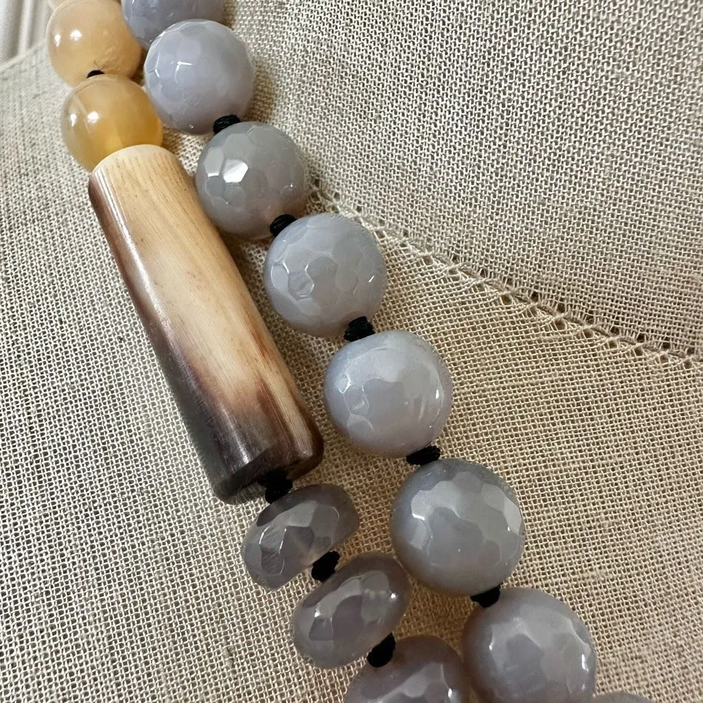 Gray Agate & Horn Beaded Tassel Necklace with Crystal Pendant - Image 11