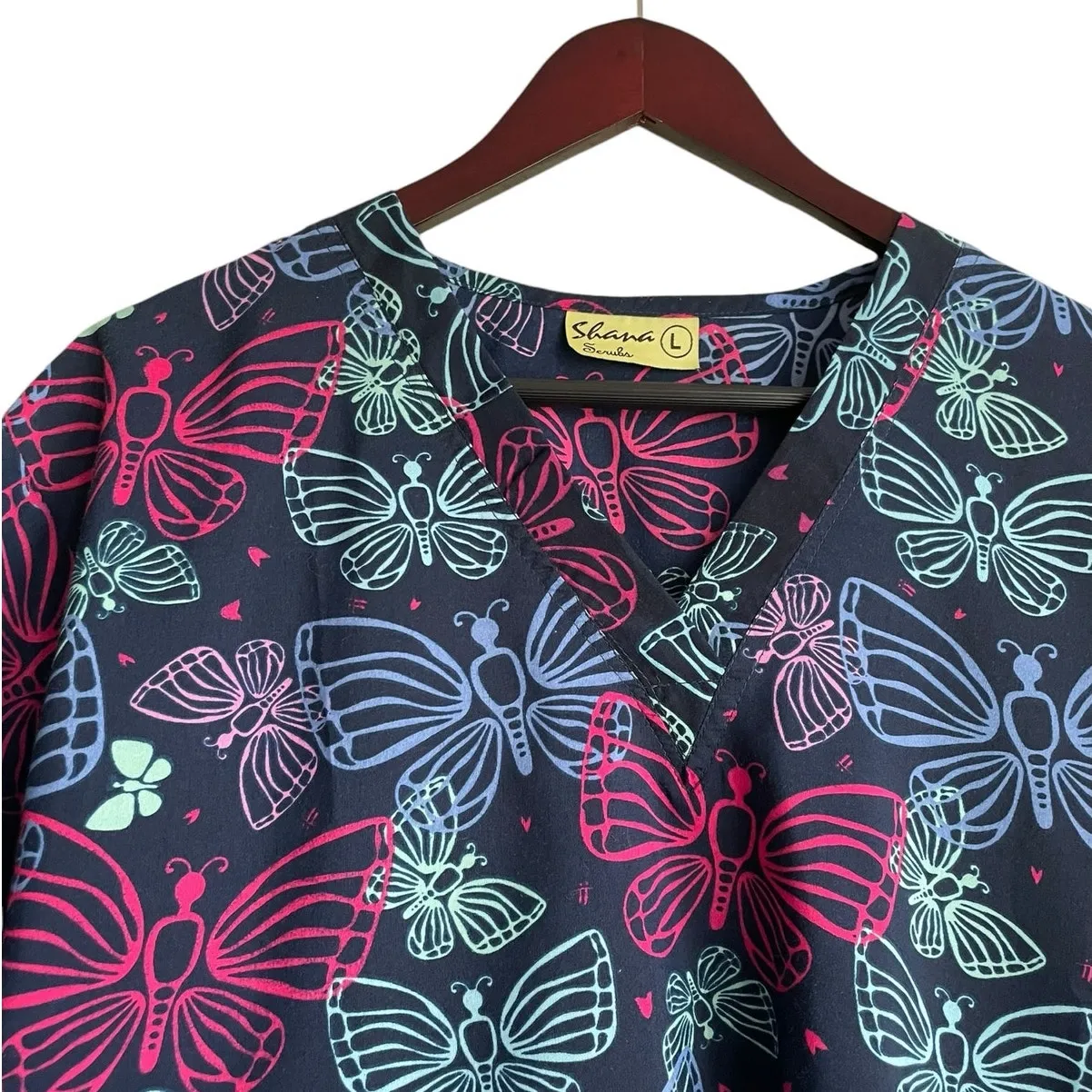 Shana Women Scrub Top L Navy Butterfly‎ Medical Uniform Nurse Workwear Dental Blue Size L - Image 10