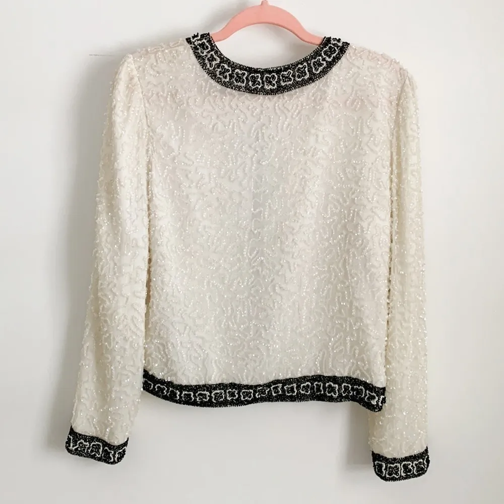 Vintage Ivory Black Sequined Beaded Embroidered Silk Dress Blazer Jacker Small - Image 10