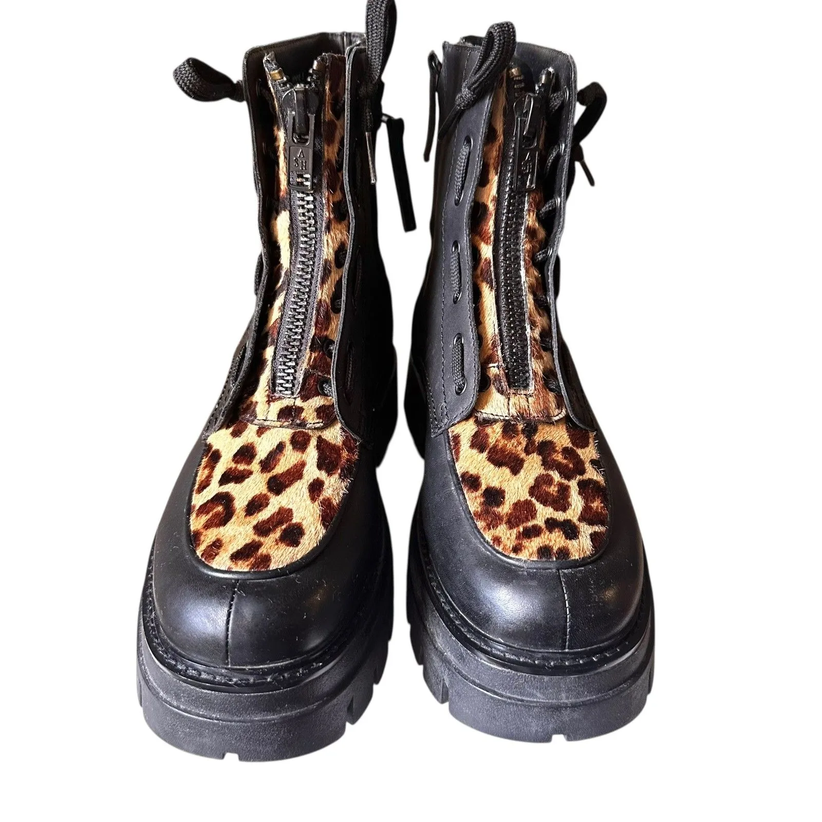 ASH‎ Lynne Leopard Print Black Leather Combat Boots w Box 38 - Image 3