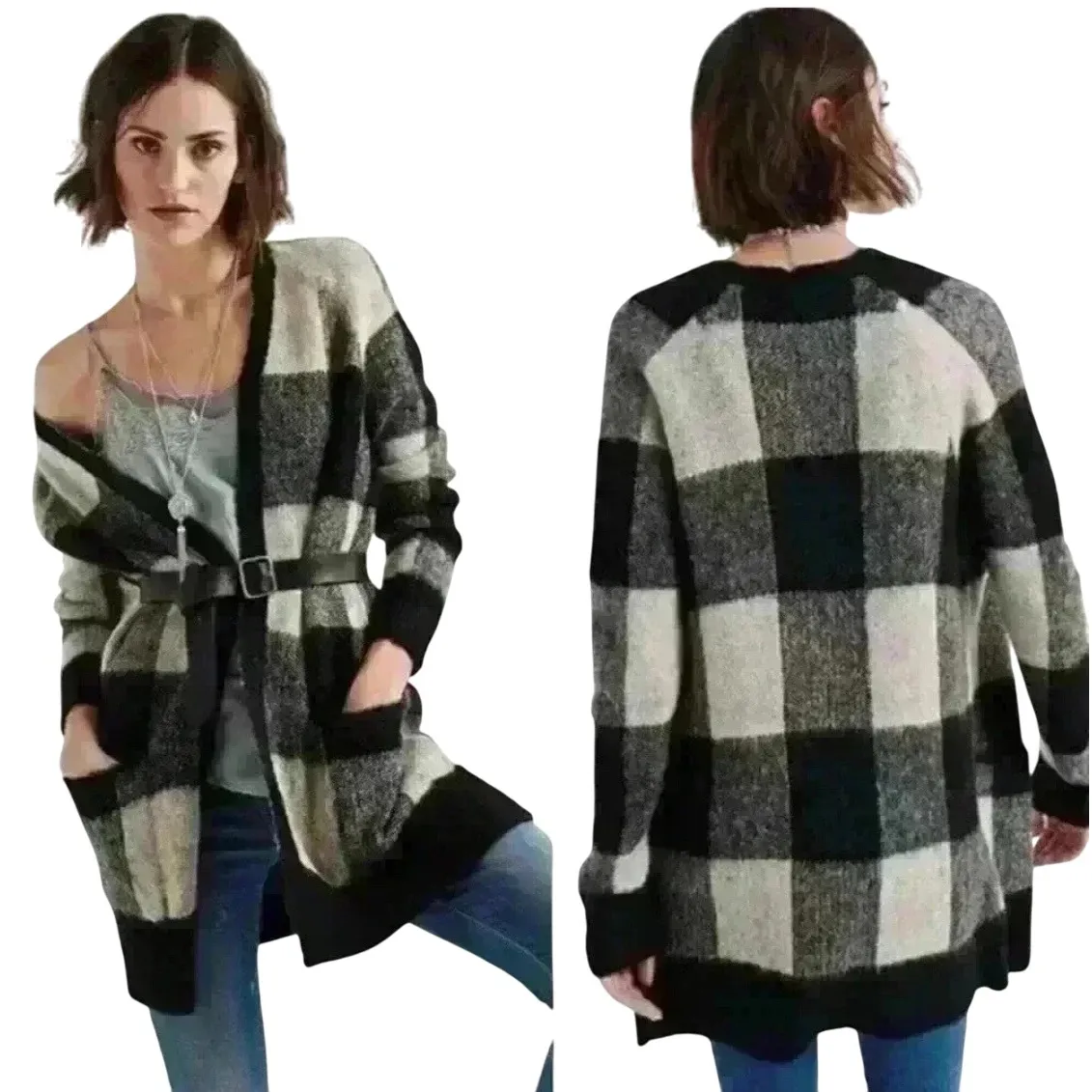 Lucky Brand Plaid Open Front Cardigan Sweater Women's Medium Black White Gray - Image 2