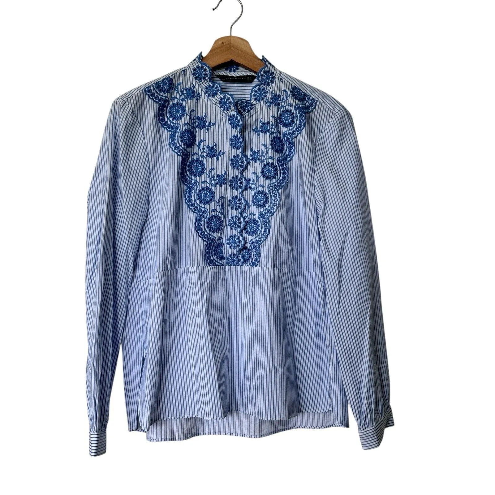 Zara Long sleeve Stripped Stitched lace design cotton blouse M feminine - Image 9