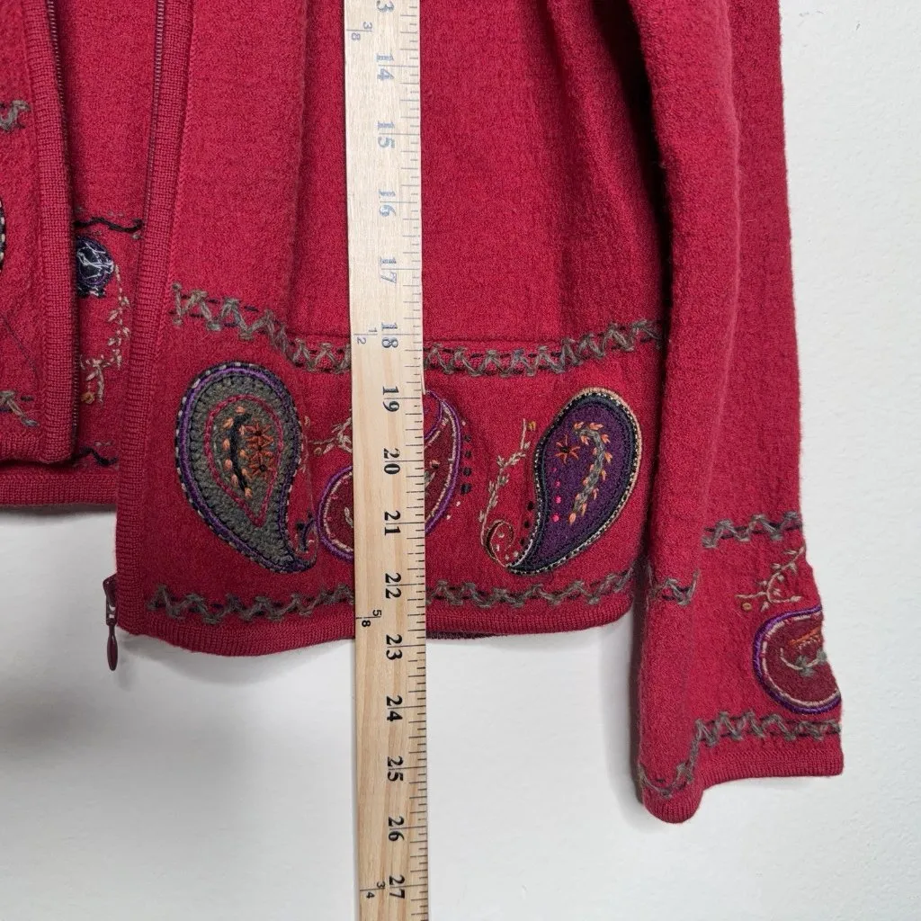 Icelandic Design Boiled Wool Jacket Womens Size M Embroidered Zip Sweater Pocket Red Size M - Image 4