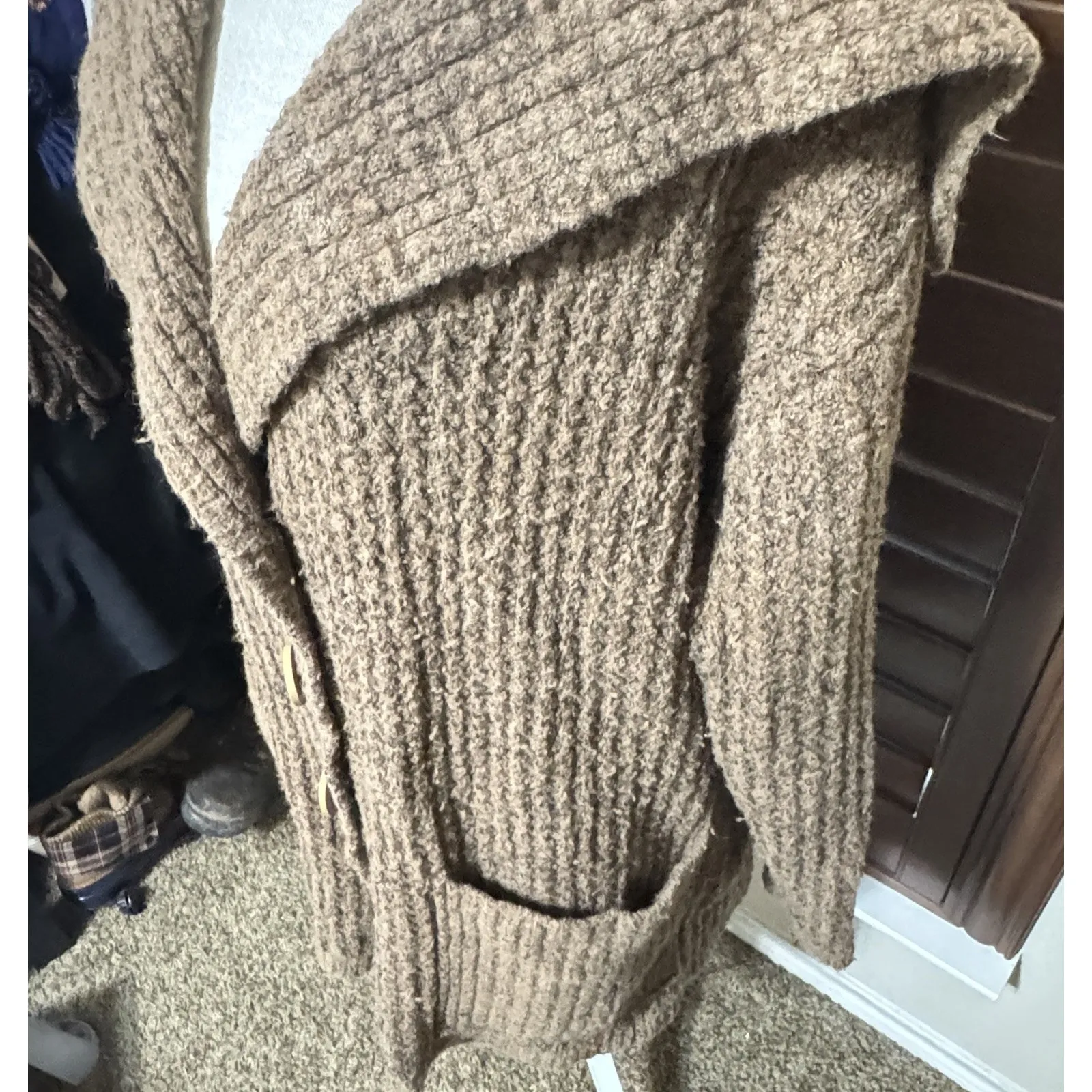 Free People Womens Wool Alpaca Blend Brown Longline Cardigan Sweater Chunky Sz M - Image 4